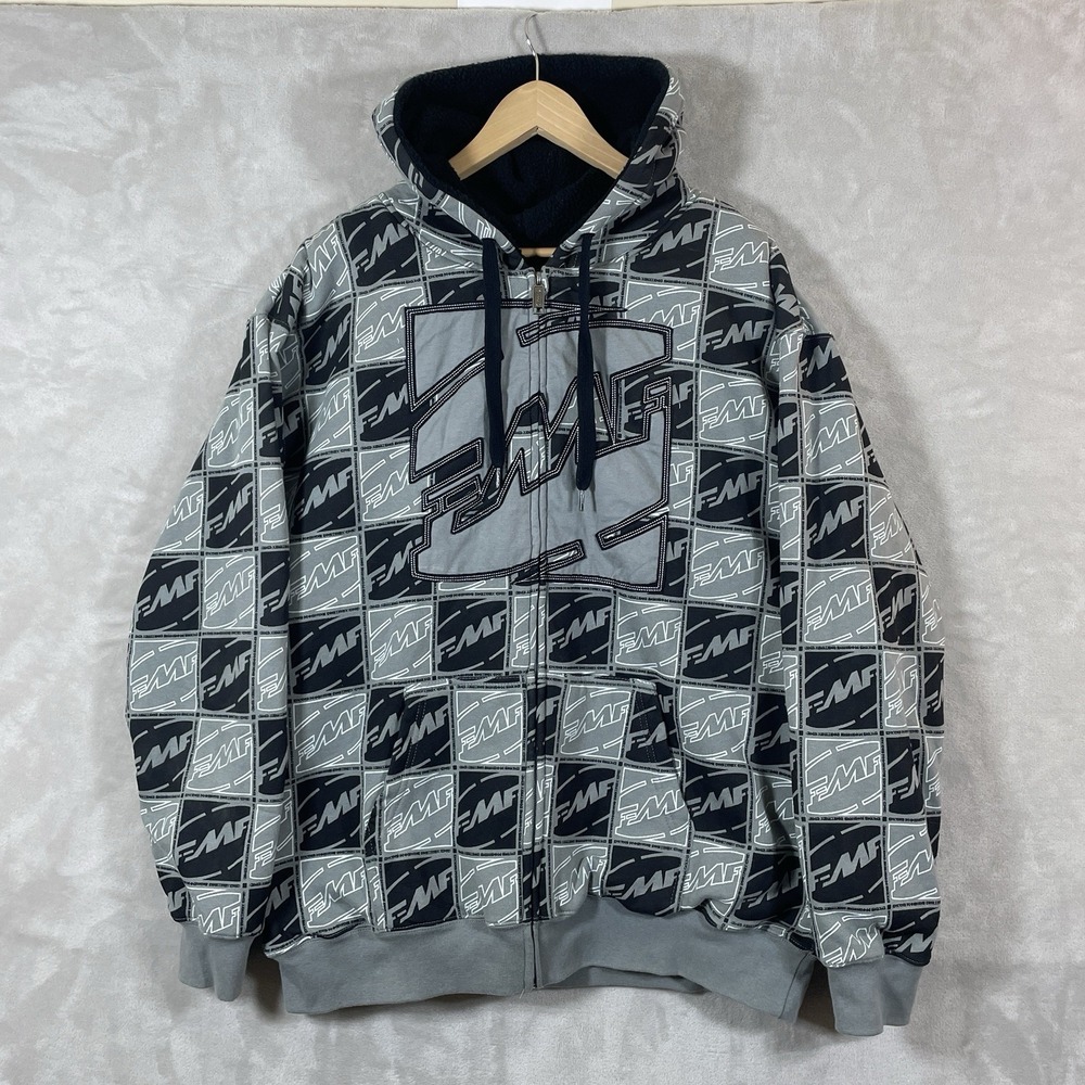 Vtg Y2K Hoodie Full Zip Sweatshirt Hoodie Men XL AOP Grunge Black Sherpa Fur FMF